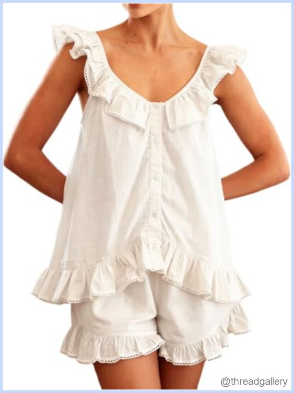 Womens Cotton Ruffle Pajama Set 2 Piece Tank Top Shorts Sleepwear